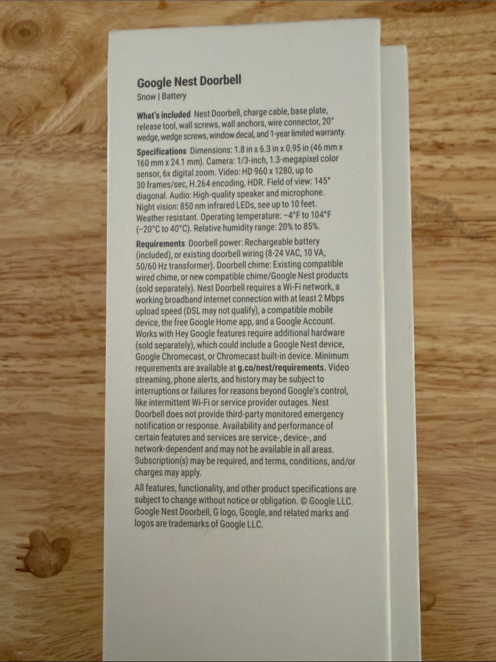 google Nest Doorbell - White with Black Camera Face - Picture 2 of 6